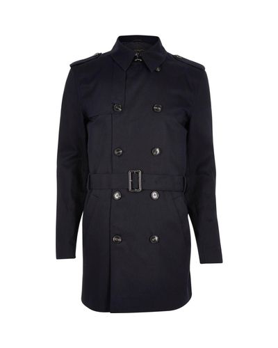 River Island Cotton Navy Double Breasted Military Trench Coat in Blue ...