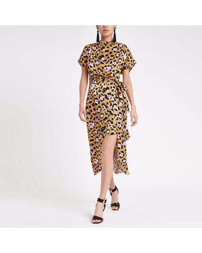 River Island Synthetic Shift Dress With High Neck In Leopard Print in Yellow - Lyst