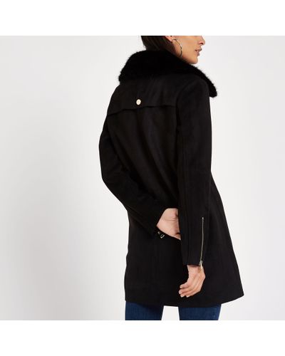 black faux fur collar swing coat