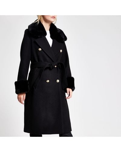 River Island Petite Black Faux Fur, River Island Wrap Coat With Faux Fur Collar And Cuffs In Pink