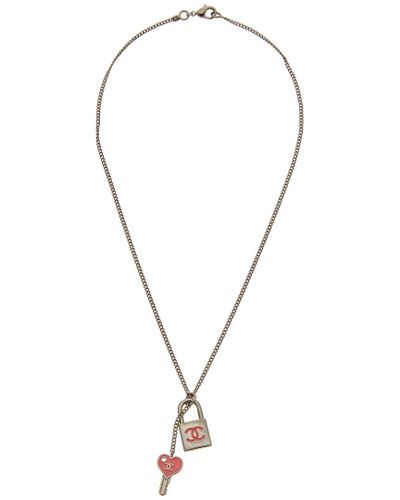 Chanel Silver-tone Pink Enamel Lock N Key Necklace in Metallic - Lyst