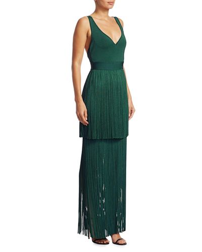 herve leger draped fringe deep square neck gown