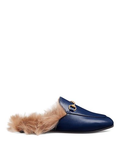 Gucci Princetown Leather Loafers With Fur in Navy (Blue) - Lyst