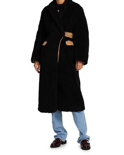 Ganni Wool Bi-color Teddy Coat in Black - Lyst