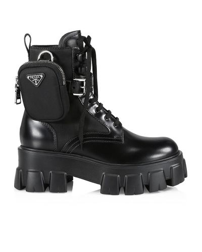 Prada Monolith Leather & Nylon Lug-sole Combat Boots in Nero (Black) - Lyst