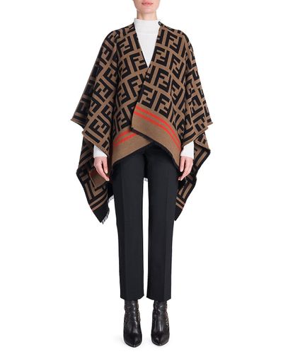 Fendi Wool Marco Ff Knit Poncho in Camel (Black) | Lyst