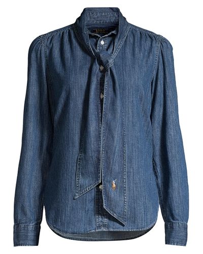 ralph lauren denim tie neck blouse