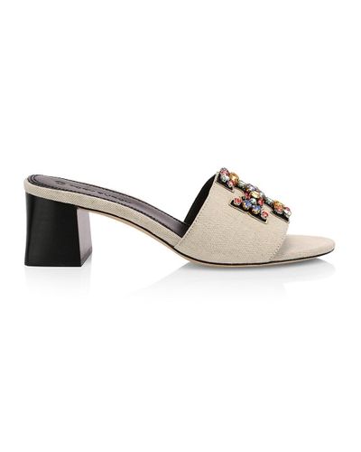 Tory Burch Ines Embellished Linen & Leather Mules in Natural - Lyst