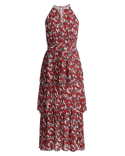 ML Monique Lhuillier Synthetic Floral Print Tiered Pleated Halter Midi Dress - Lyst