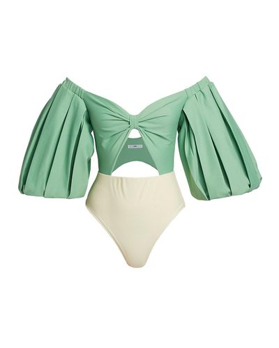 fe noel puff sleeve cut out one piece swimsuit