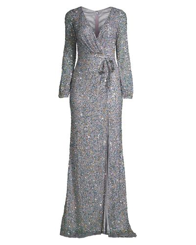 Mac Duggal Tulle Sequin Wrap Gown in Silver (Metallic) - Lyst