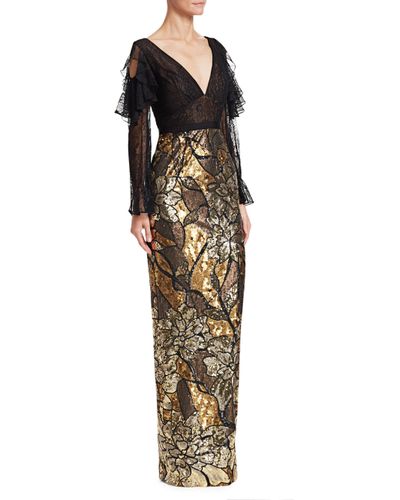marchesa notte gold artwork sequin gown