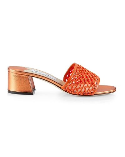Jimmy Choo Leather Minea Woven Raffia Sandals in Amber Orange (Orange) - Lyst