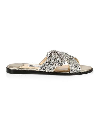 Jimmy Choo Leather Marle Crystal-embellished Glitter Slides in Silver (Metallic) | Lyst
