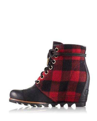 plaid wedge boots