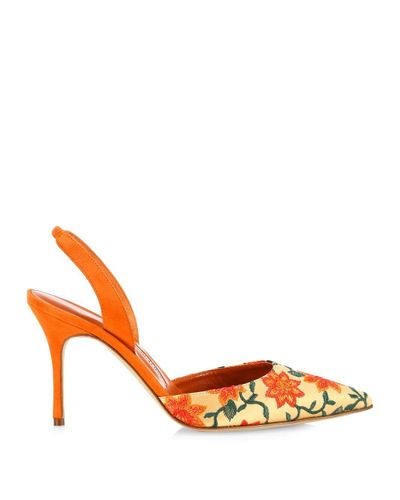 Manolo Blahnik Leather Carolyne 90 Flower Slingback Pumps in Orange | Lyst