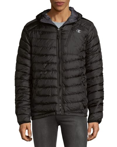 Champion Synthetic Hooded Puffer Jacket in Black for Men - Lyst