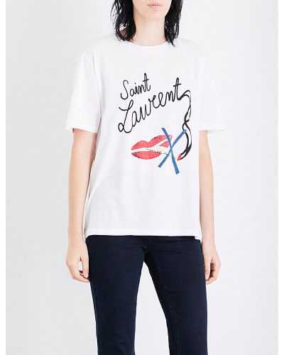 Saint Laurent Smoking Lips Cotton-jersey T-shirt in White - Lyst