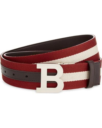 Bally Mens Red Casual B Buckle Leather And Canvas Reversible Belt
