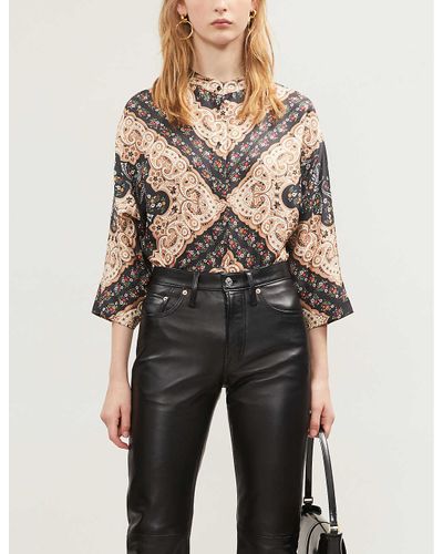 Sandro Paisley And Floral-print Silk-satin Blouse in Black - Lyst