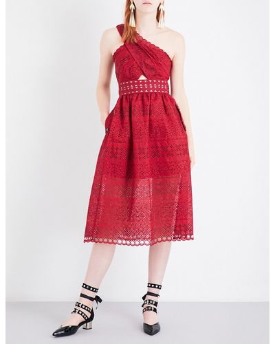 Self-Portrait Lace One Shoulder Cutout Midi Dress in Raspberry Red 