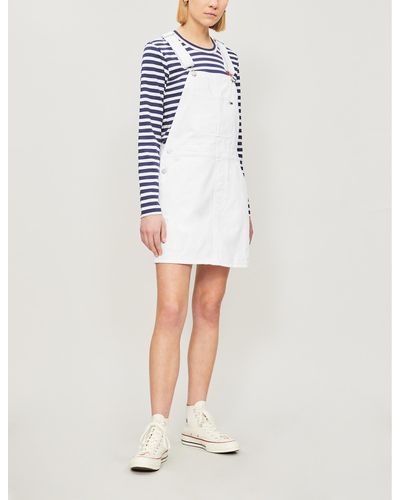 Tommy Hilfiger Logo-patch Denim Dungaree Dress in White - Lyst