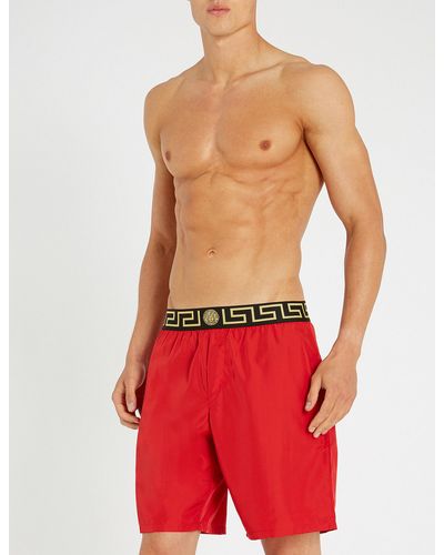 Versace Iconic Long Swim Shorts in Red for Men - Lyst