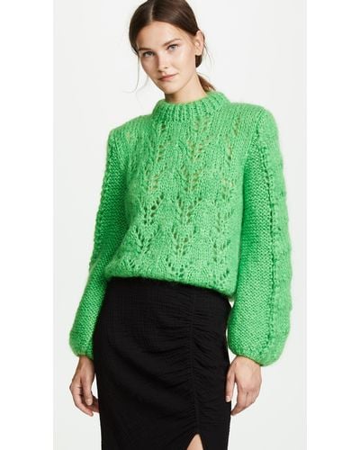 Ganni Wool Julliard Cable Knit Sweater in Green | Lyst