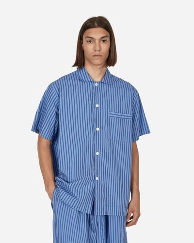 Tekla Poplin Pyjamas Shortsleeve Shirt Boro Stripes - Blue