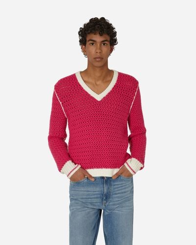 Stockholm Surfboard Club Knitted V-neck Sweater Fluo - Red