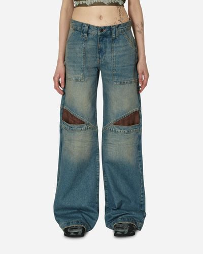 Guess USA Low Rise Wide Leg Denim Trousers Used Indigo Wash - Blue