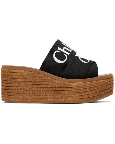 ChloÃ© Leather Woody Wedge Heeled Sandals in Black - Lyst