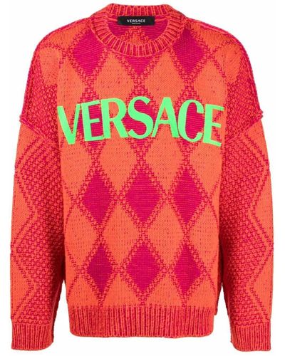 Versace Wool Logo-appliqué Argyle-knit Jumper in Orange for Men 