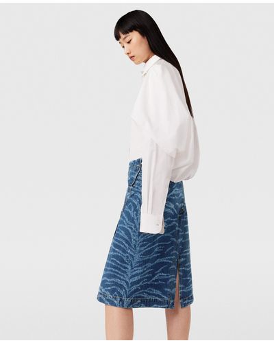 Stella McCartney Tiger Pattern Asymmetric High-Rise Midi Skirt, , Vintage Wash Denim - Blue