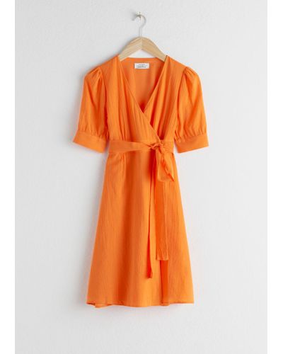 Cotton Blend Wrap Mini Dress in Orange ...