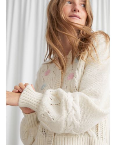 & Other Stories Wool Floral Embroidery Cable Knit Alpaca Cardigan in White  | Lyst