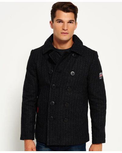superdry mens rookie pea coat charcoal herringbone