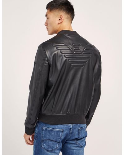 Armani Jeans Faux Leather Bomber Jacket in Black for Men - Lyst