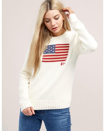 Polo Ralph Lauren Cotton Womens Flag Knitted Jumper Cream in Natural - Lyst