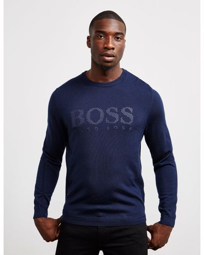 BOSS by HUGO BOSS Wool Logo Knit Jumper Navy Blue for Men - Lyst