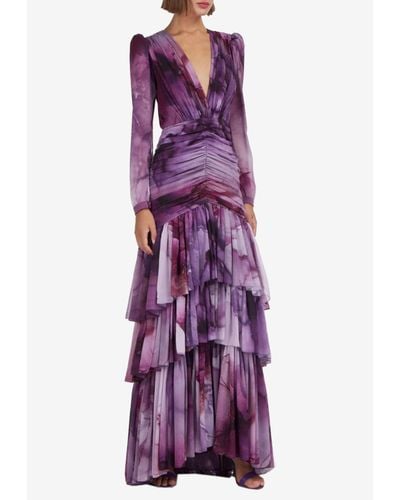 Costarellos Mila Chiffon Draped Gown - Purple