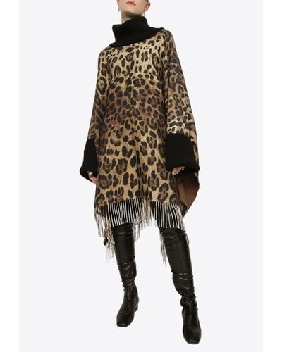 Dolce & Gabbana Leopard Print Wool Cashmere Fringed Poncho - Brown