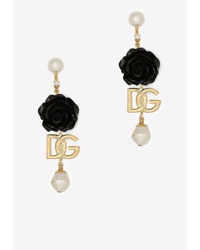 Dolce & Gabbana Rose And Dg Logo Drop Earrings - Metallic