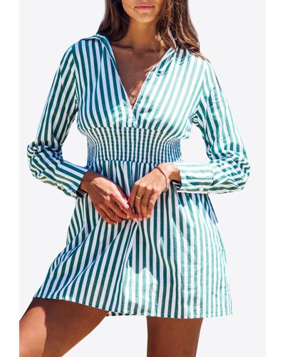 Les Canebiers Vignes Elastic Waist Striped Mini Dress - Blue