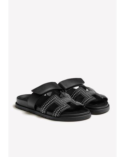 Hermès Chypre Stud-embellished Sandals In Calfskin - Black