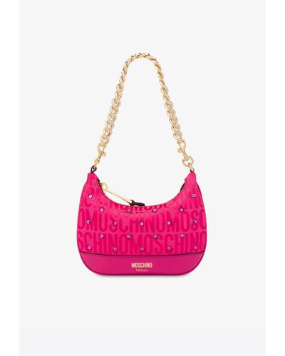 Moschino All-Over Logo Shoulder Bag With Rhinestones - Pink