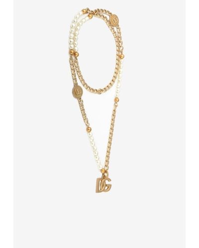 Dolce & Gabbana Dg Logo Pendant Necklace With Coins And Pearls - Metallic