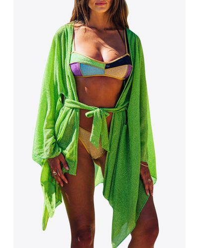 Les Canebiers Asymmetric Poncho With Waist Belt - Green