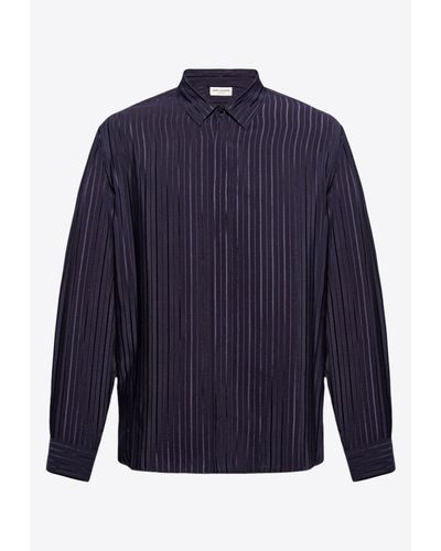 Saint Laurent Semi-Sheer Striped Silk Shirt - Blue
