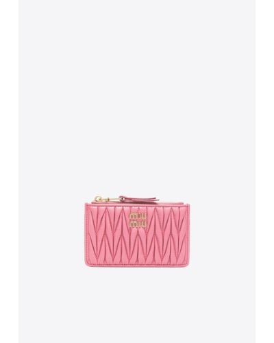 Miu Miu Logo Plaque Quilted Leather Zip Cardholder - Pink